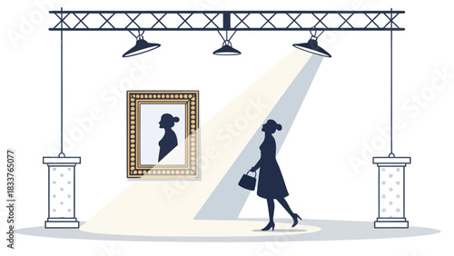 Elegant woman admiring portrait in art gallery, bathed in spotlight, showcasing refined taste and cultural appreciation, originally a scalable vector graphic