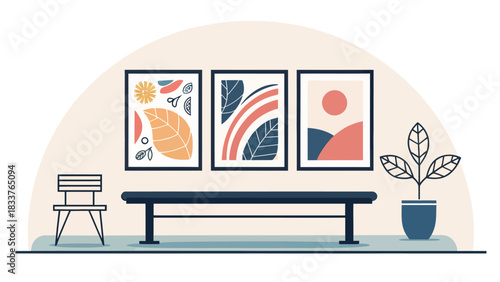 Stylized living room scene with modern art prints, a bench and a plant, offering a contemporary and inviting atmosphere perfect for lifestyle designs