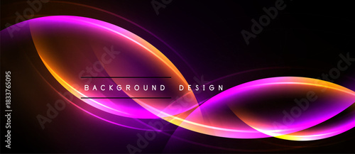 Abstract design features vibrant pink, purple, yellow curves. Dark background enhances glowing effect, creating modern visual.