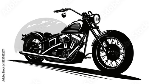 Classic Chopper Motorcycle Illustration with Vintage Aesthetic, Perfect for Automotive Enthusiasts and Retro Designs Seeking Timeless Style and Road Trip Adventure