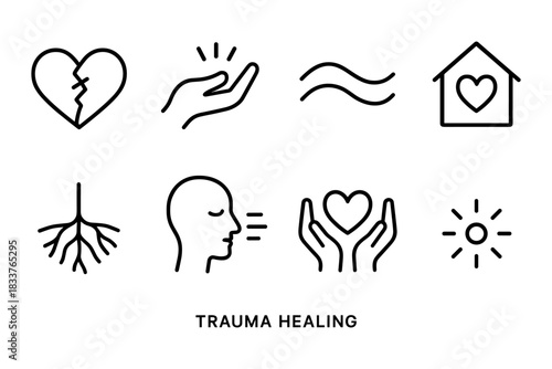 Therapy and wellness: black line symbols for emotional healing and mindfulness