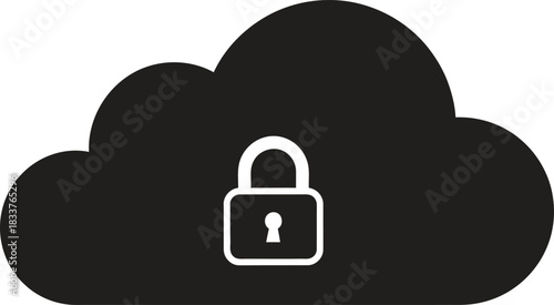 Minimalist flat vector icon of secure cloud computing, featuring a black cloud with a white padlock, symbolizing data protection, online security, and digital storage