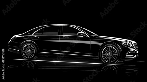 Sleek luxury sedan in monochrome, a modern emblem of wealth and status, perfect for automotive designs and high-end branding projects, originally a vector