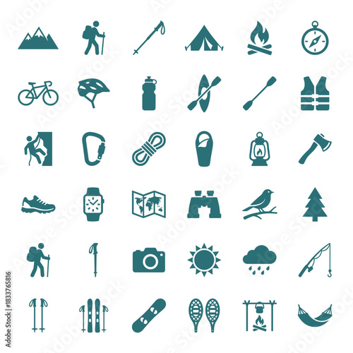 Diverse Vector Icon Set for Outdoor Activities and Adventure, Featuring Hiking, Camping, Cycling, Water Sports, Climbing, Winter Sports, and Essential Gear Symbols.