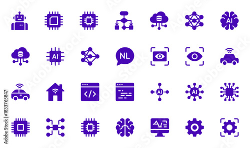Comprehensive Vector Icon Set Representing Artificial Intelligence and Machine Learning Concepts, Featuring Robots, Processors, Neural Networks, Deep Learning, and Autonomous Vehicles.
