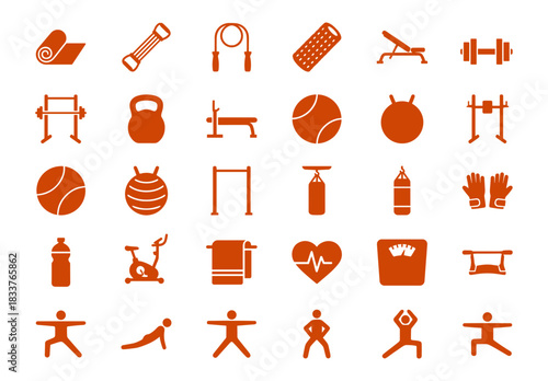 Comprehensive Vector Icon Set of Fitness and Workout Equipment and Exercises, Featuring Weights, Exercise Balls, Benches, Yoga Mats, Cardio Machines, and Human Poses.