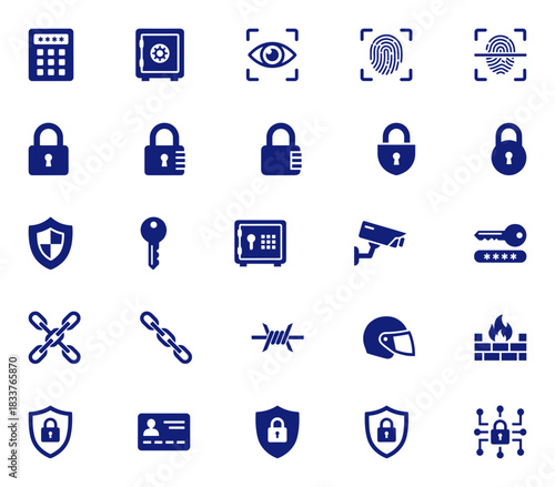 Diverse Vector Icon Collection for Digital and Physical Security and Protection, Encompassing Biometric Identification, Locks, Surveillance, and Data Privacy Symbols.