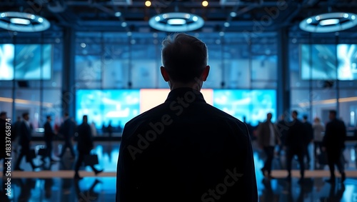 Generative AI envisioning a leader observing advanced technological displays in a futuristic