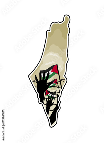 Palestine map with silhouette of hand and wire in sunset sky perfect for Print, Apparel, Sticker, etc