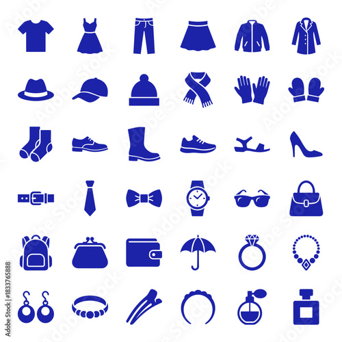 Extensive Vector Icon Set of Men's and Women's Clothing, Footwear, Accessories, and Personal Items, Including Shirts, Dresses, Shoes, Hats, and Jewelry for Fashion.