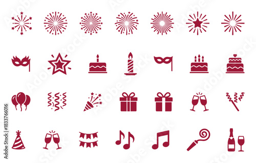 Vibrant Vector Icon Set of Party, Celebration, and Event Elements, Including Fireworks, Cake, Balloons, Confetti, Music, and Festive Accessories for Invitations and Promotions.