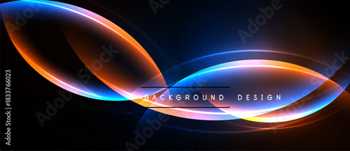 Abstract neon lines create dynamic curves. Blue, orange, pink hues blend against dark backdrop. Modern design element.