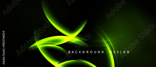 Abstract green lines create dynamic shapes. Dark background emphasizes glowing curves, modern design element. Simple text reads background design.