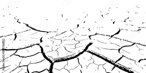 High-contrast cracked earth texture in black and white. Detailed dry soil pattern showing deep fractures and arid surface. Perfect for backgrounds, drought concepts, textures, and environmental design