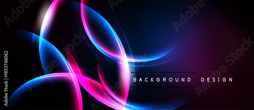 Abstract neon lights create dynamic curves. Vivid pinks, blues blend against dark backdrop. Modern design element.