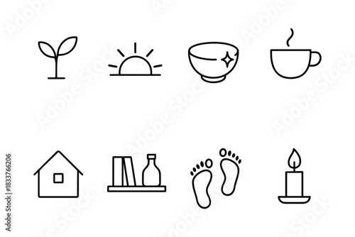 Minimalist line icons of nature, food, and home elements in black and white