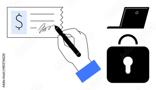 Online banking, financial security, cybersecurity, payment solutions, e-commerce, fraud prevention. Hand signing a check with lock and laptop icons. Online banking and financial security concept