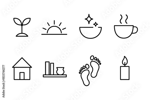 Minimalist lifestyle icons representing nature, relaxation, home, and wellness in line art style