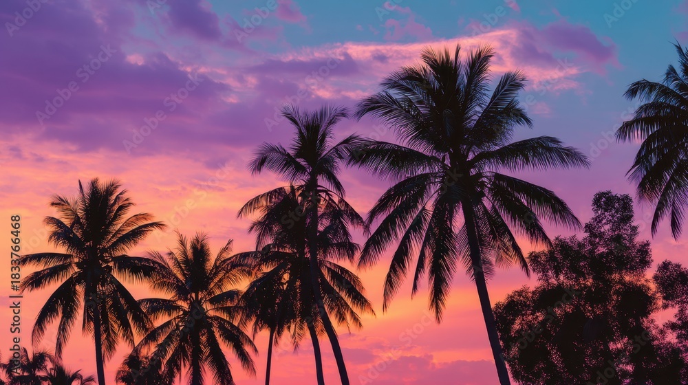 Obraz premium A beautiful sunset over a tropical island with palm trees. The sky is a mix of pink and purple hues, creating a serene and calming atmosphere. The palm trees are silhouetted against the colorful sky