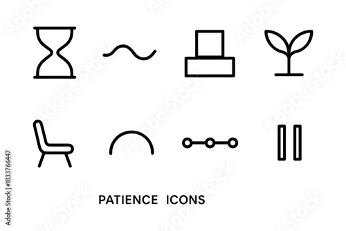 Minimalist patience icons set featuring hourglass, growth, and pause symbols