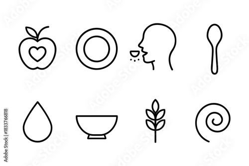 Minimalist food and eating icons: apple, plate, human profile, spoon, water, bowl, wheat, spiral