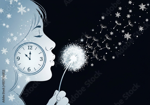 Conceptual illustration of a woman with a clock on her face blowing a dandelion.