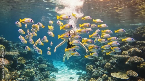 Woman swimming underwater near coral reefs with colorful fish and clear blue water