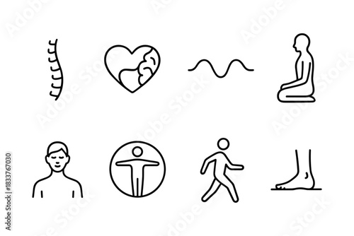 Minimalist wellness icons set featuring health, yoga, and mindfulness symbols