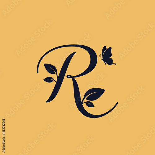 The initial capital script letter R features botanical leaves and a small butterfly flat illustration