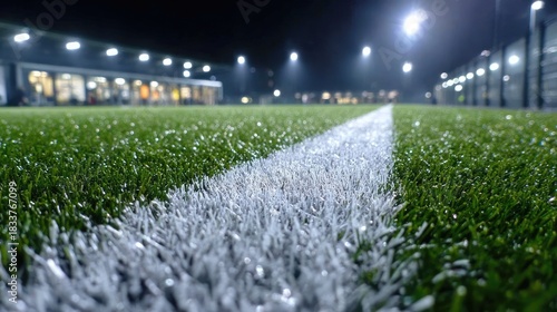 Nighttime View of a Sports Field with Artificial Turf Under Bright Stadium Lights, Highlighting Fresh Grass and a White Line