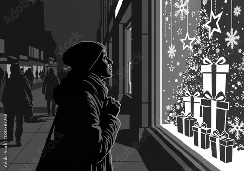 A person in a winter coat and beanie gazes at a Christmas display in a shop window.
