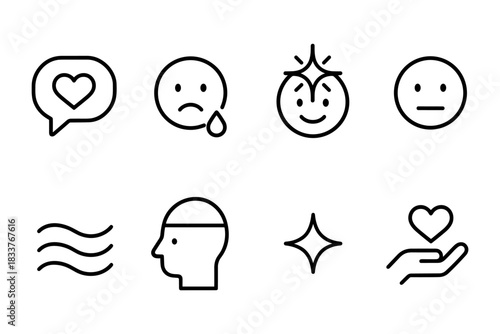 Minimalist emoji set: expressive faces and symbols in line art style