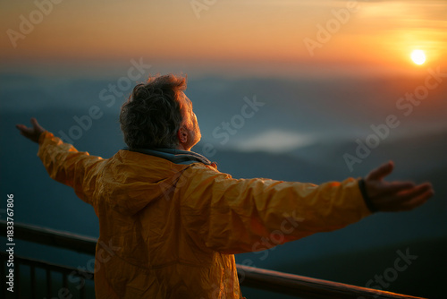 Person stretches arms wide on balcony while watching beautiful sunrise Generative AI