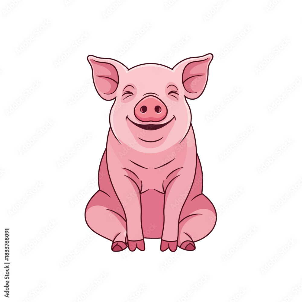 Naklejka premium Happy Pink Pig Sitting Down Smiling Cartoon Illustration.