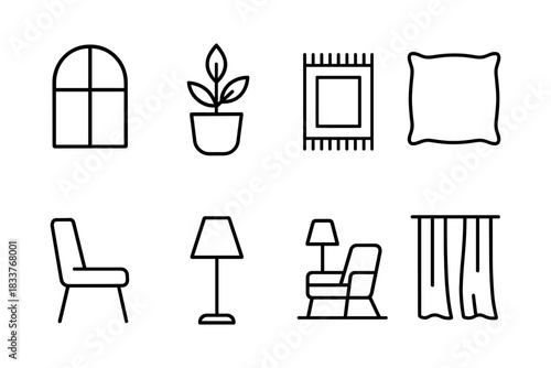 Minimalist home decor icons set featuring furniture and interior elements