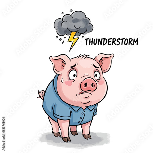 Worried pig in a blue shirt under a thunderstorm cloud with lightning.