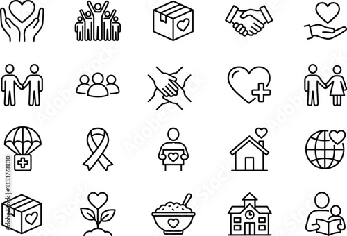 Charity and Humanitarian Icon Set Donation, Volunteering, Heart, Hands, Hope, Community Support, Aid Box, and Relief Outline Vector Collection