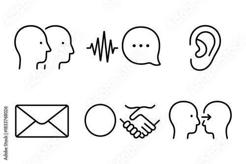 Minimalist communication icons: conversation, listening, messaging, and interaction symbols