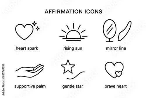 Minimalist affirmation icons collection: love, growth, reflection, support, star, bravery