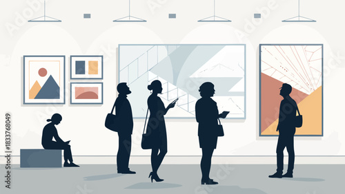 Visitors admiring modern art in a gallery, experiencing culture and creativity, perfect for lifestyle and travel content, a day at the museum, vector origin