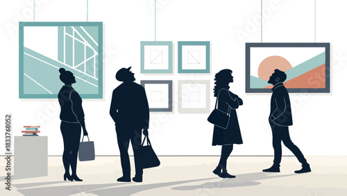 Silhouetted art enthusiasts admire modern paintings in an elegant gallery, experiencing culture and finding inspiration in a stylish artistic environment
