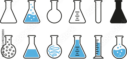 Chemistry Laboratory Equipment Icon Set Science Flask, Test Tube, Beaker, Measuring Cylinder, Experiments, Research, and Chemical Outline Vector Collection