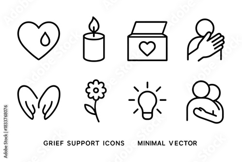 Minimal grief support icons set: heart, candle, hands, and more