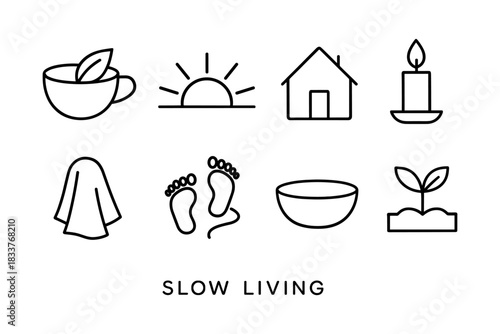 Minimalist slow living icons: embrace simplicity with home and nature symbols