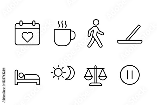Minimalistic outline icons for daily life activities