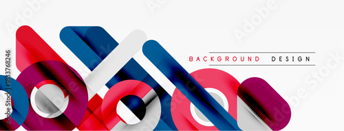 Abstract geometric shapes overlap, creating dynamic visual effect. Red, blue, white colors dominate composition. Modern design element.