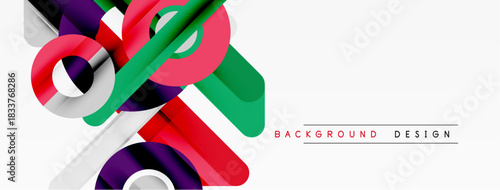 Abstract geometric shapes overlap, creating vibrant colorful design. White background emphasizes dynamic lines, curves, modern aesthetic.