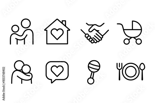 Family and love icons in simple black line art emphasizing community and connection