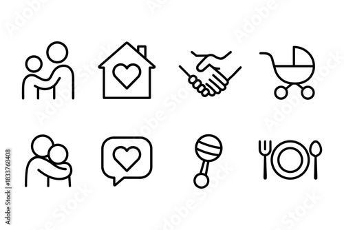 Minimalist family icons set featuring home, relationships, and parenthood themes
