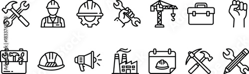 Labor Day and Construction Icon Set Worker, Safety Helmet, Factory, Toolbox, Hand Tools, Wrench, Hammer, and Industrial Crane Outline Vector Collection